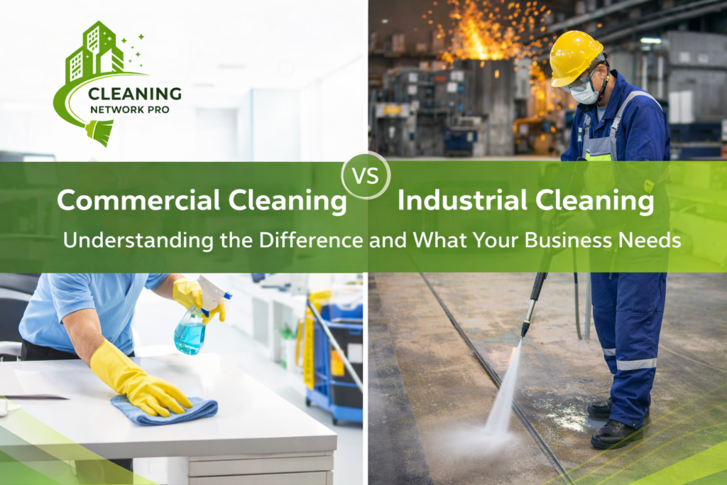 Commercial cleaning vs industrial cleaning banner showing office cleaning and factory cleaning services with Cleaning Network Pro branding