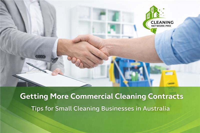 Commercial cleaning contracts Australia banner showing business handshake with cleaning equipment and Cleaning Network Pro branding